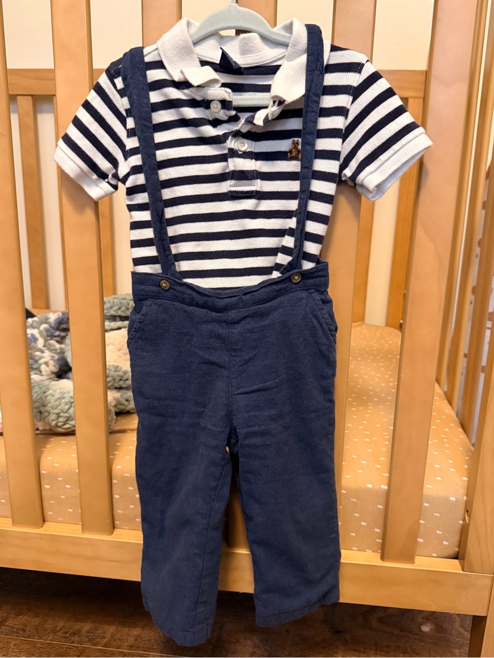 Janie and Jack Navy and White Striped Polo with Navy Suspender Overalls